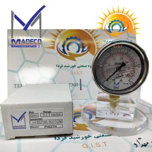 گیج فشار مدکو مدل PI52T4 با صفحه ۶۳ میلی‌متر کنار کارتن بسته‌بندی شرکتی