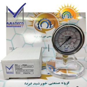 گیج فشار ۶۰ بار استیل برنج مدکو مدل PI52T4 در کنار کارتن بسته‌بندی اورجینال