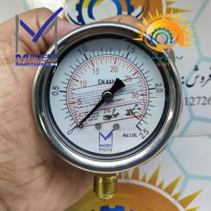 صفحه ۶۳ میلی‌متری عقربه‌دار گیج فشار ۰ تا ۲.۵ بار مدکو مدل PI52T4 نمای روبرو در دست