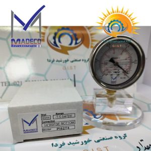 پرشر گیج ۶۳ میلی متری منفی یک تا صفر بار مدکو مدل PI52T4 روی استند اختصاصی در کنار جعبه